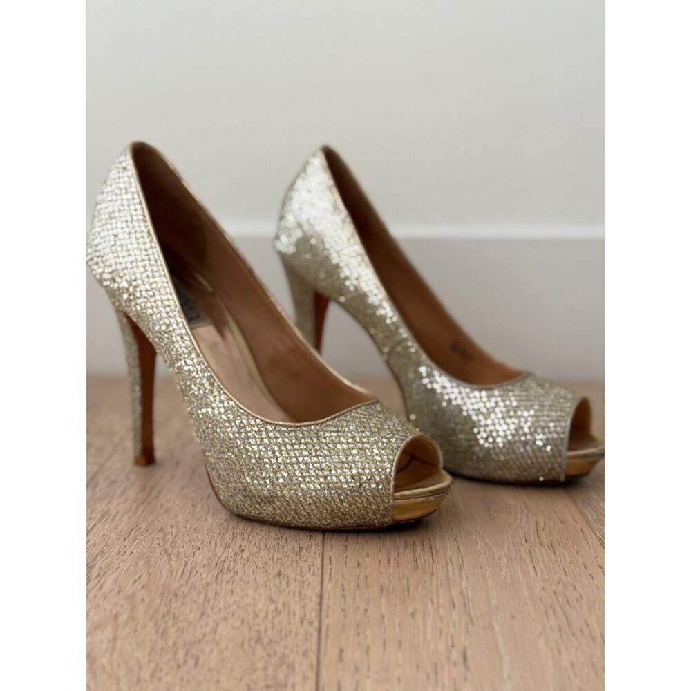 Badgley Mischka Gold Glitter Peep Toe Platform Pumps Size 8M Wedding Formal